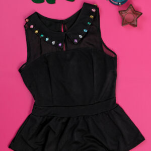 Pretty Posy | Black Peplum Top with Embellished Collar
