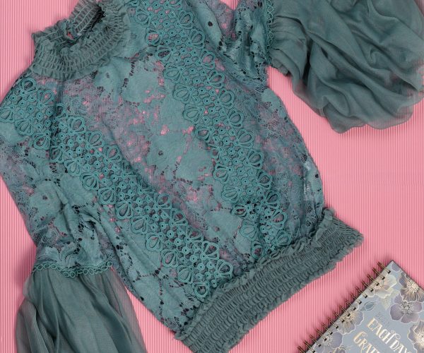 Pretty Posy | Teal Lace Top with Puffed Sleeves